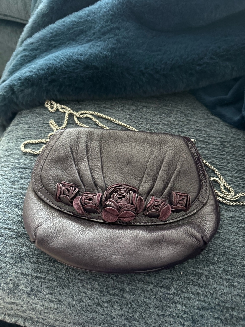 Brighton Plum Leather Crossbody with Floral Rosette Trim